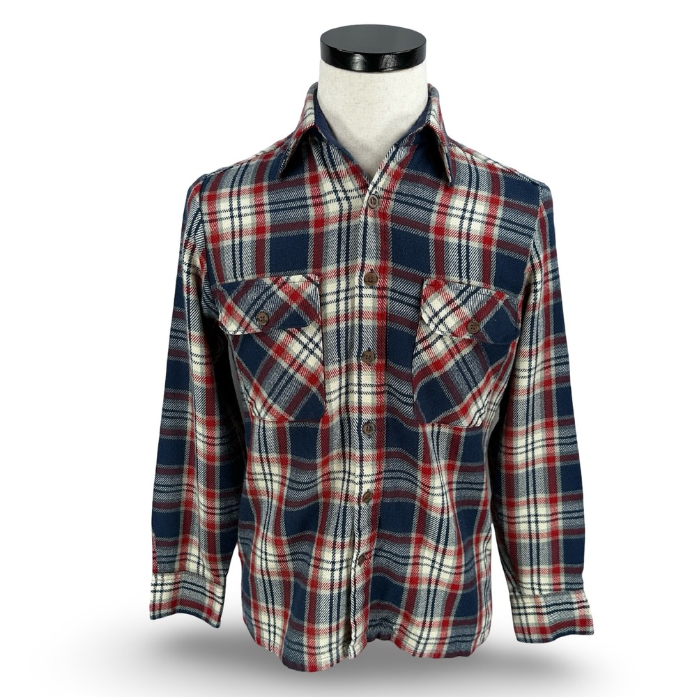 Woodland Mens Plaid Flannel Shirt‎ Navy Blue Red Gray Small Button Down Korea